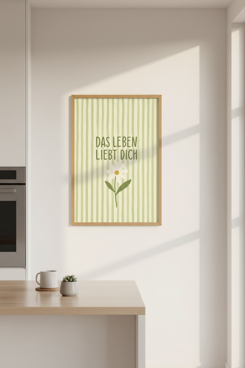 Sage Green Preppy Wall Art | Das Leben Liebt Dich Daisy Print | German Aesthetic Poster
