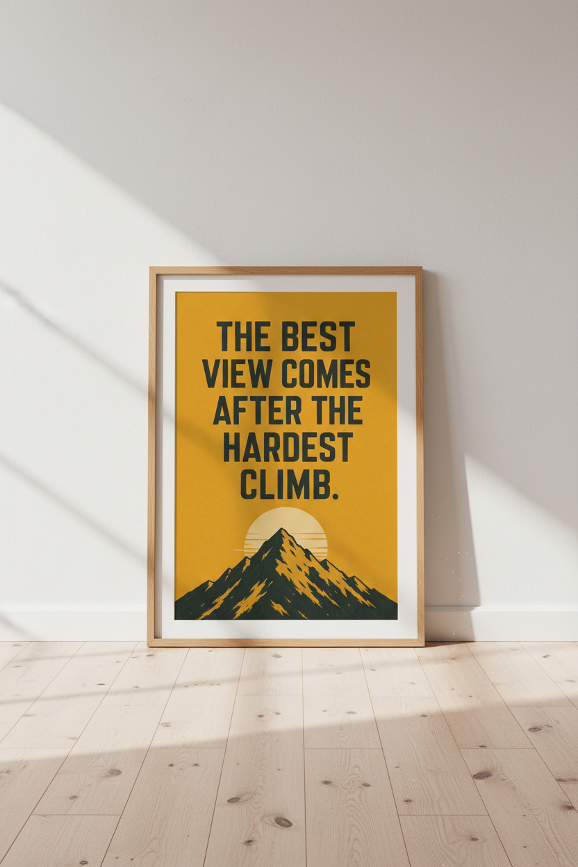 Mountain Quote Wall Art | Retro Yellow Motivational Poster | Office Home Decor