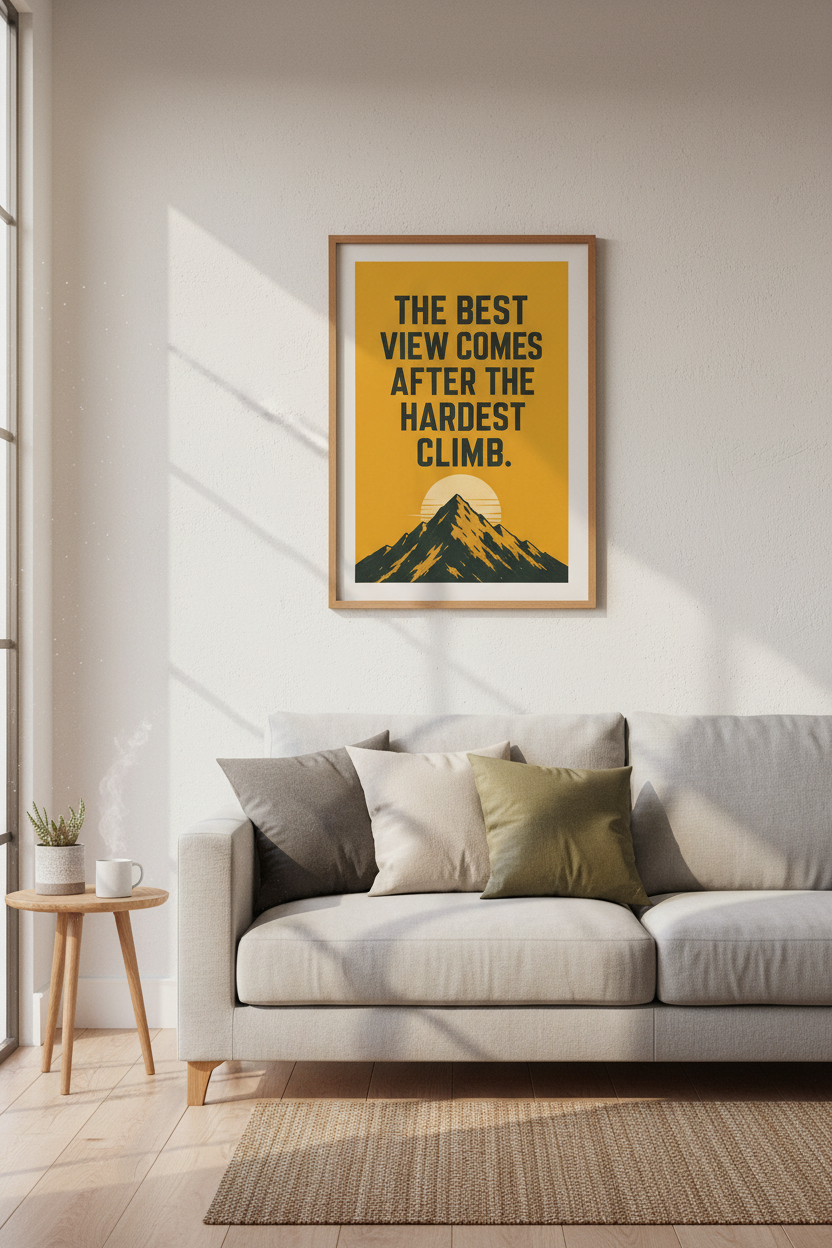 Mountain Quote Wall Art | Retro Yellow Motivational Poster | Office Home Decor