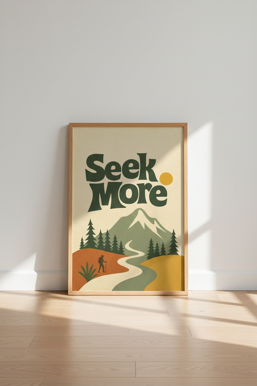 Seek More Mountain Art | Retro Nature Landscape, Adventure Decor Poster