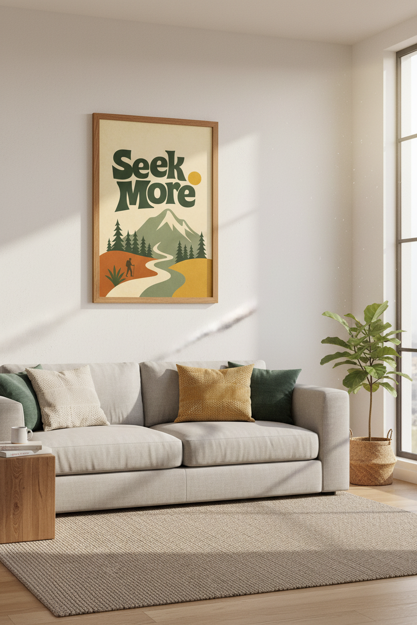 Seek More Mountain Art | Retro Nature Landscape, Adventure Decor Poster