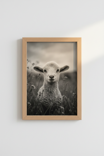 Farmhouse Lamb Art Print | Rustic Nursery Decor | Black and White Poster