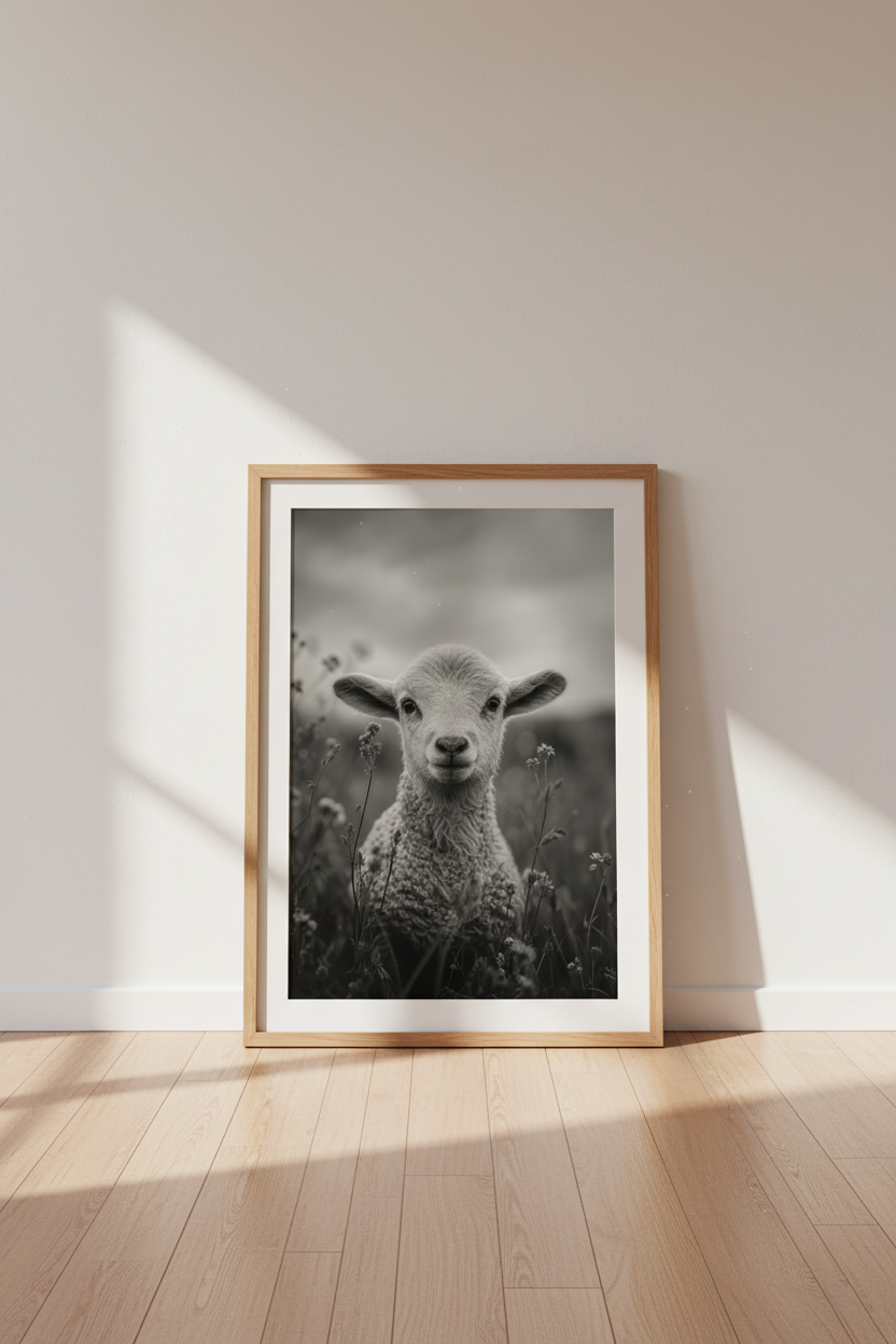 Farmhouse Lamb Art Print | Rustic Nursery Decor | Black and White Poster