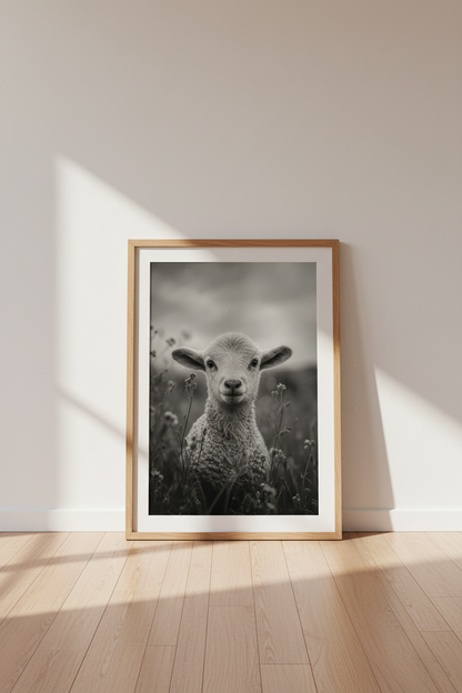 Farmhouse Lamb Art Print | Rustic Nursery Decor | Black and White Poster