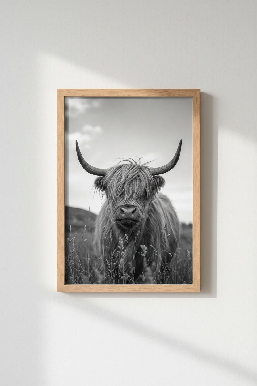 Highland Cow Wall Art Print | Black and White Farmhouse Decor | Rustic Animal Poster