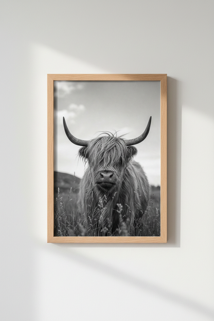 Highland Cow Wall Art Print | Black and White Farmhouse Decor | Rustic Animal Poster