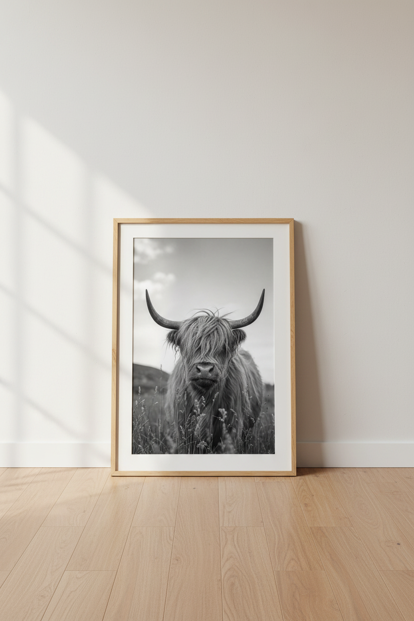 Highland Cow Wall Art Print | Black and White Farmhouse Decor | Rustic Animal Poster
