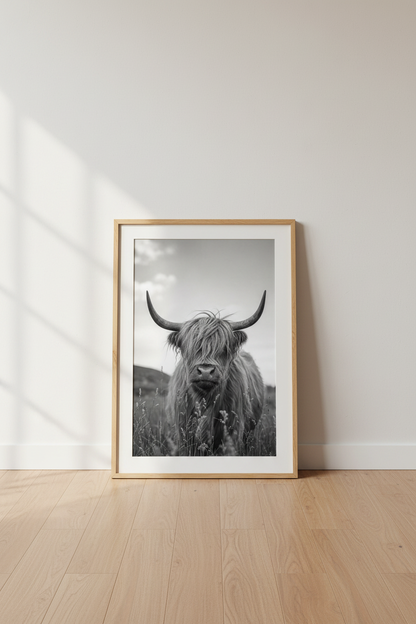 Highland Cow Wall Art Print | Black and White Farmhouse Decor | Rustic Animal Poster