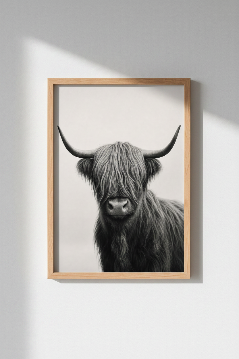 Highland Cow Wall Art Print | Black and White Farmhouse Decor | Minimalist Poster