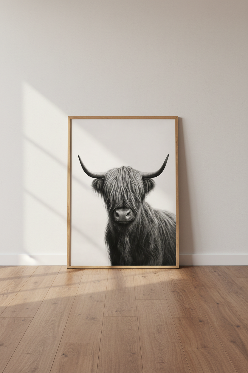 Highland Cow Wall Art Print | Black and White Farmhouse Decor | Minimalist Poster