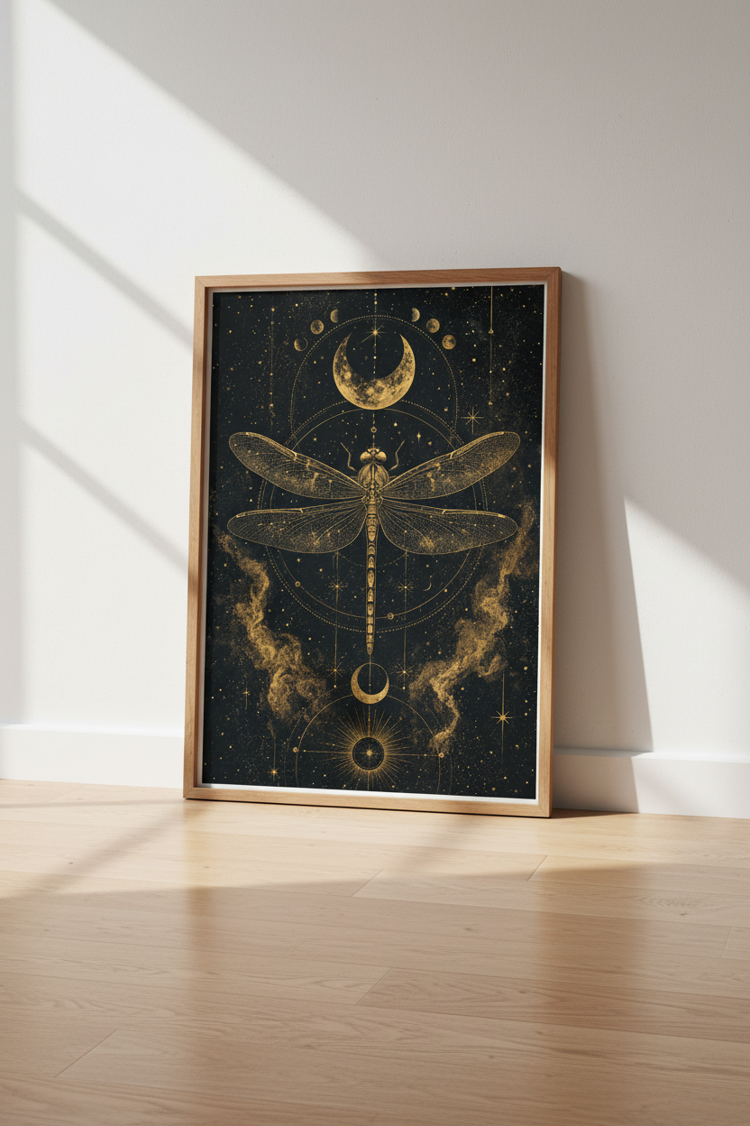Celestial Dragonfly Wall Art | Gold Moon &amp; Stars Poster, Dark Academia Decor