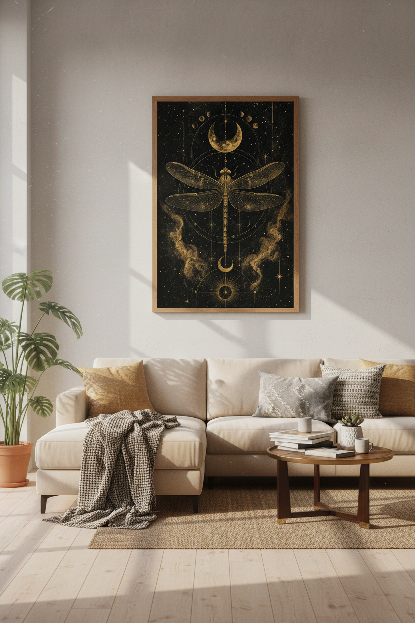 Celestial Dragonfly Wall Art | Gold Moon &amp; Stars Poster, Dark Academia Decor
