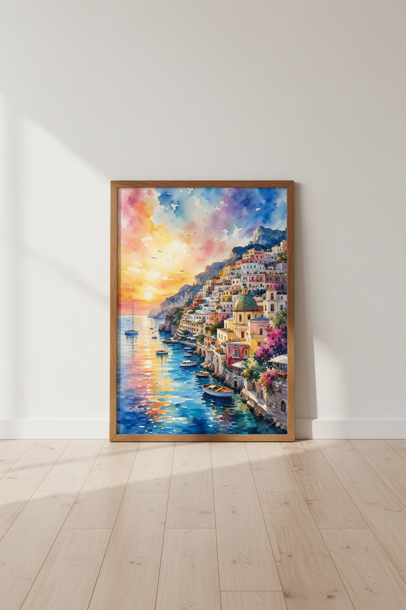Amalfi Coast Positano Wall Art | Italy Sunset Watercolor Print | Vibrant Coastal Decor