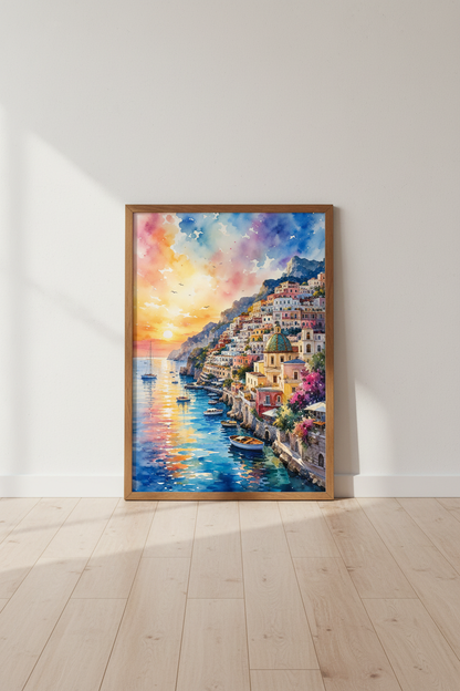 Amalfi Coast Positano Wall Art | Italy Sunset Watercolor Print | Vibrant Coastal Decor
