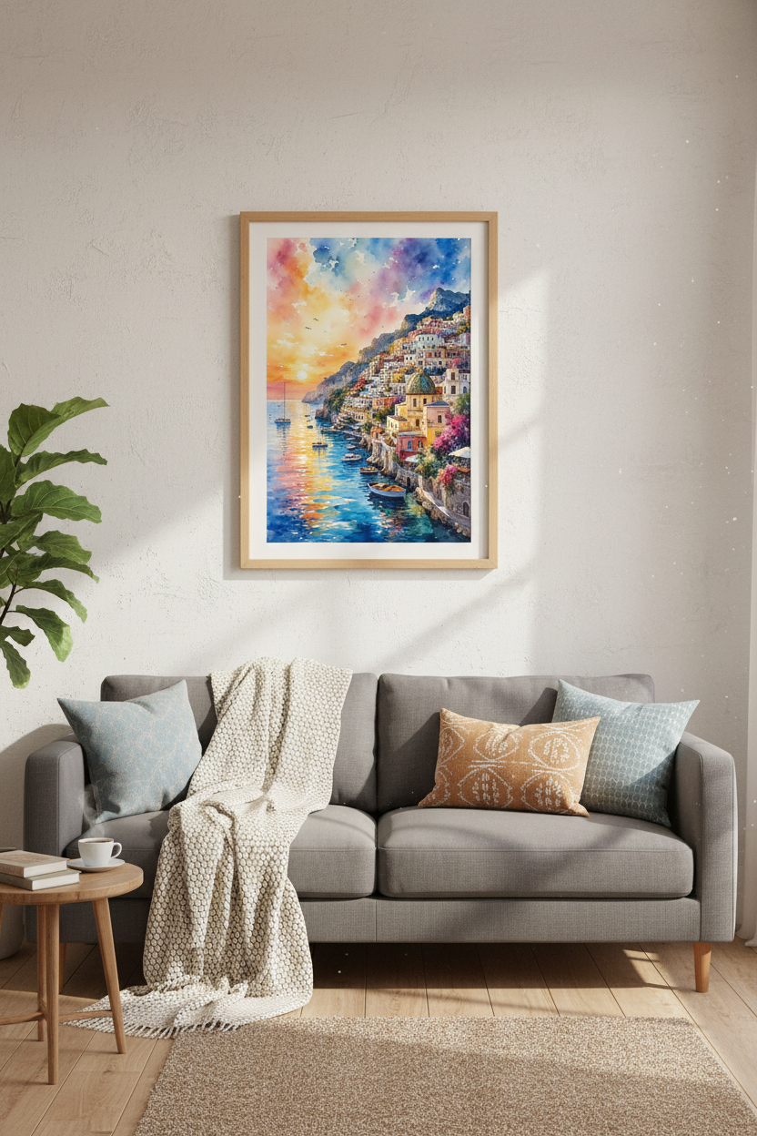 Amalfi Coast Positano Wall Art | Italy Sunset Watercolor Print | Vibrant Coastal Decor