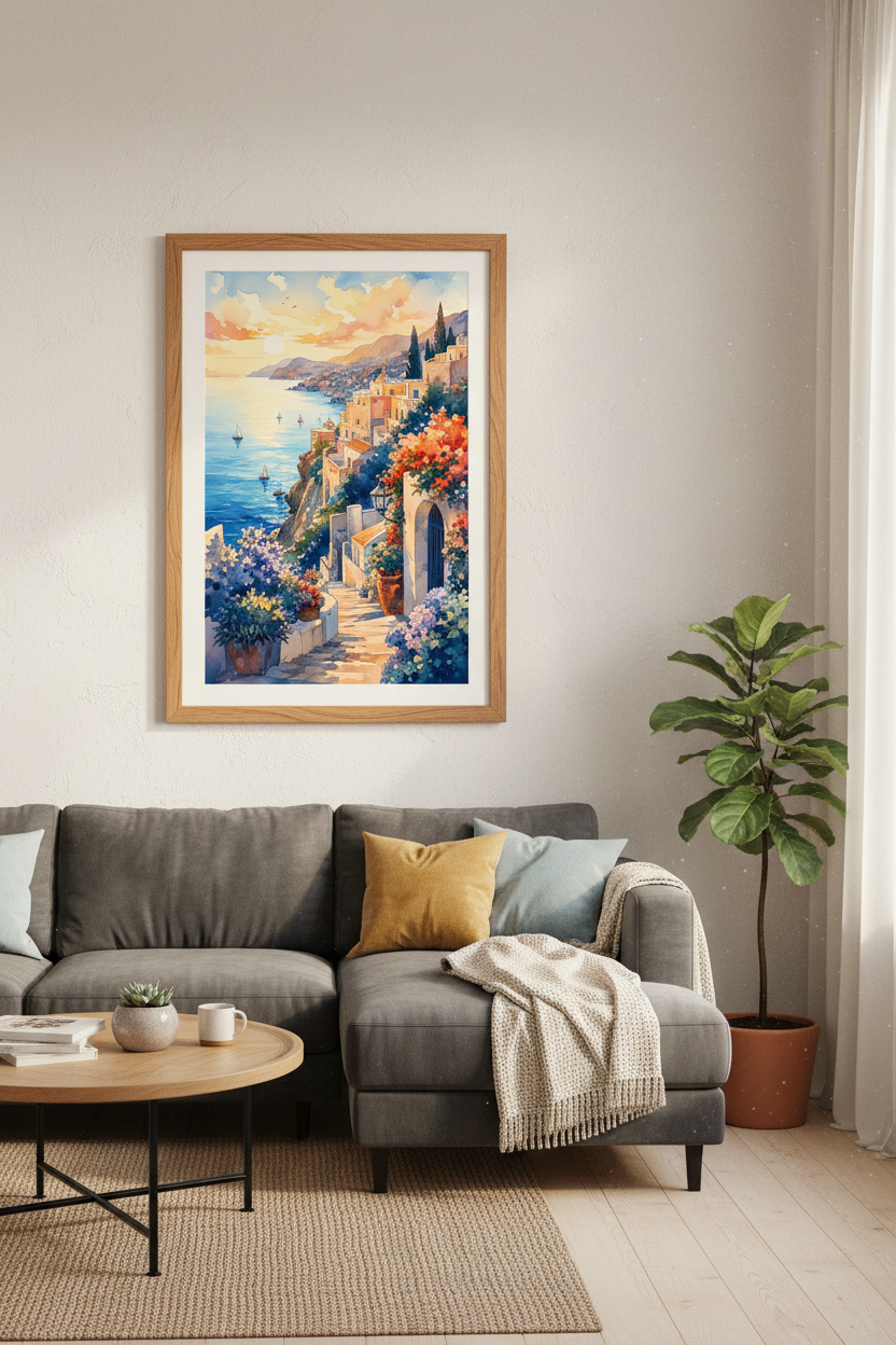 Mediterranean Coastal Town Watercolor | Italy Seascape Print, Amalfi Coast Decor