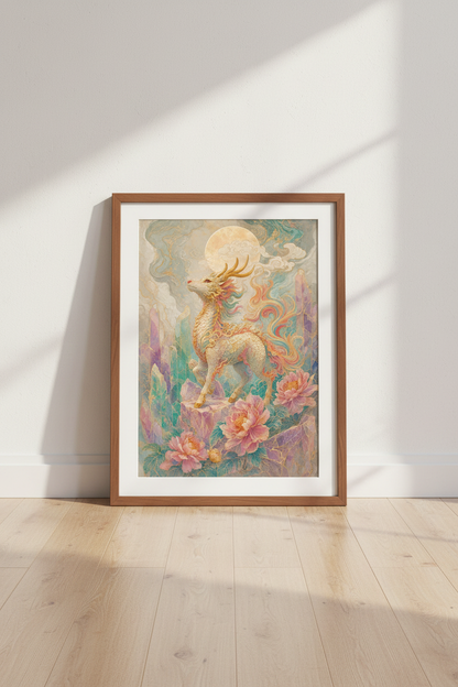 Kirin Dragon Mythology Wall Art | Pastel Gold Celestial Print, Living Room Decor