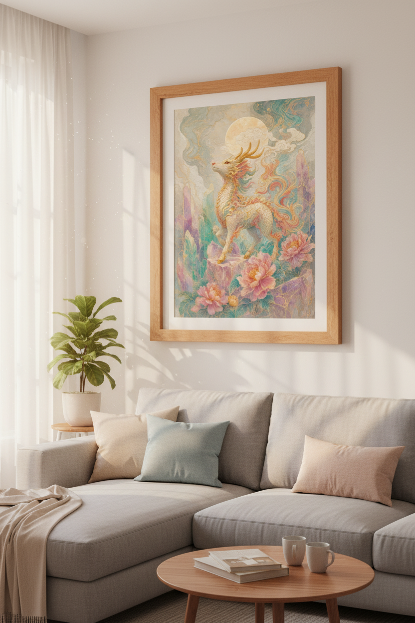 Kirin Dragon Mythology Wall Art | Pastel Gold Celestial Print, Living Room Decor