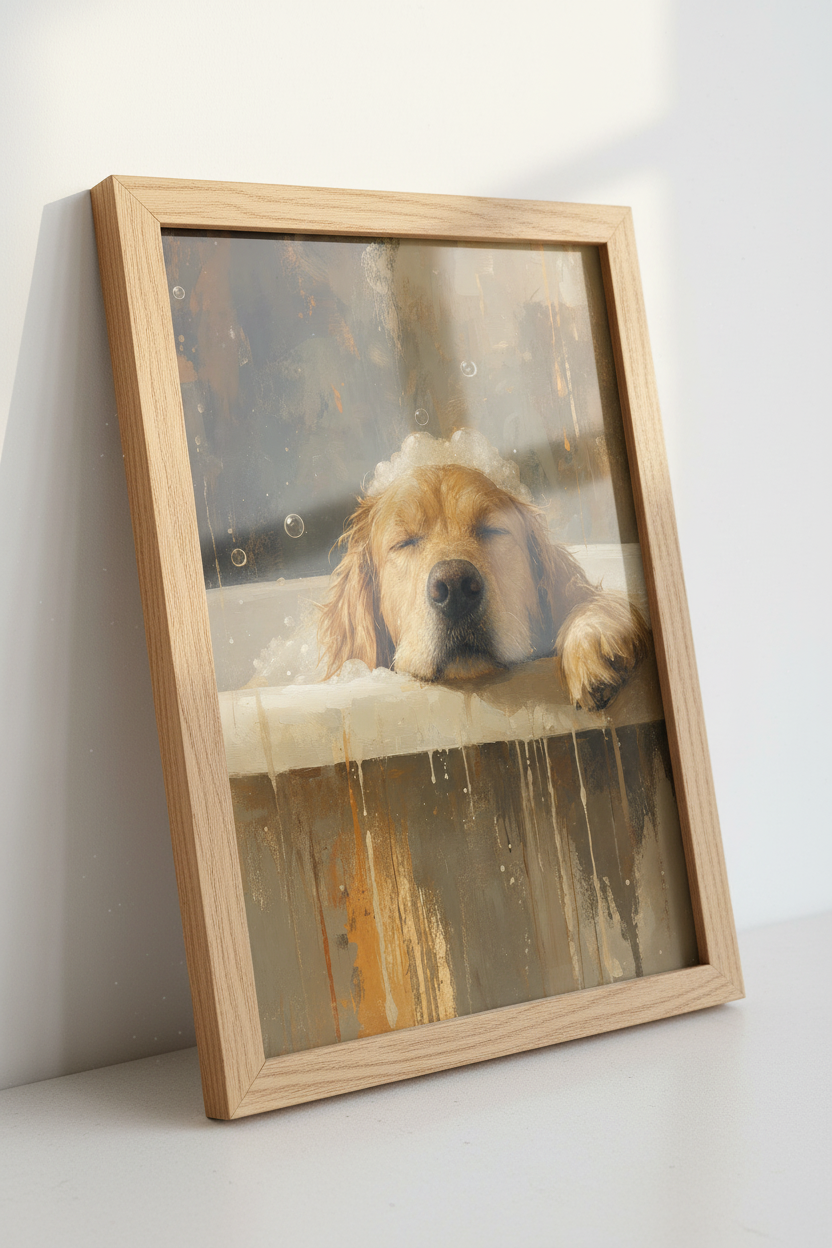 Golden Retriever Bathtub Art | Earthy Oil Painting Room Decor | Funny Dog Poster