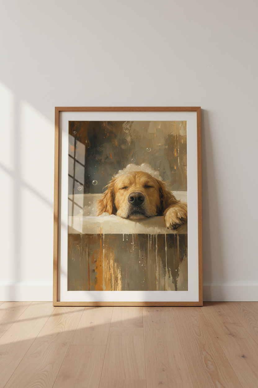 Golden Retriever Bathtub Art | Earthy Oil Painting Room Decor | Funny Dog Poster