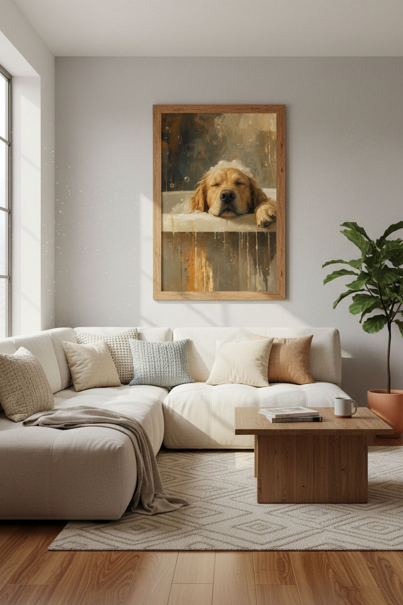 Golden Retriever Bathtub Art | Earthy Oil Painting Room Decor | Funny Dog Poster