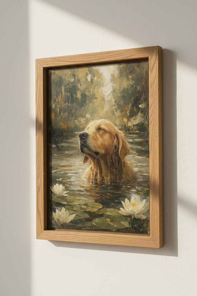 Golden Retriever Painting | Impressionist Dog Art, Rustic Lake Decor Poster
