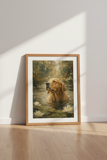 Golden Retriever Painting | Impressionist Dog Art, Rustic Lake Decor Poster