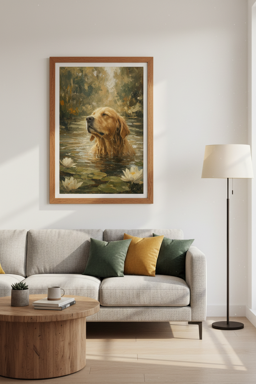 Golden Retriever Painting | Impressionist Dog Art, Rustic Lake Decor Poster