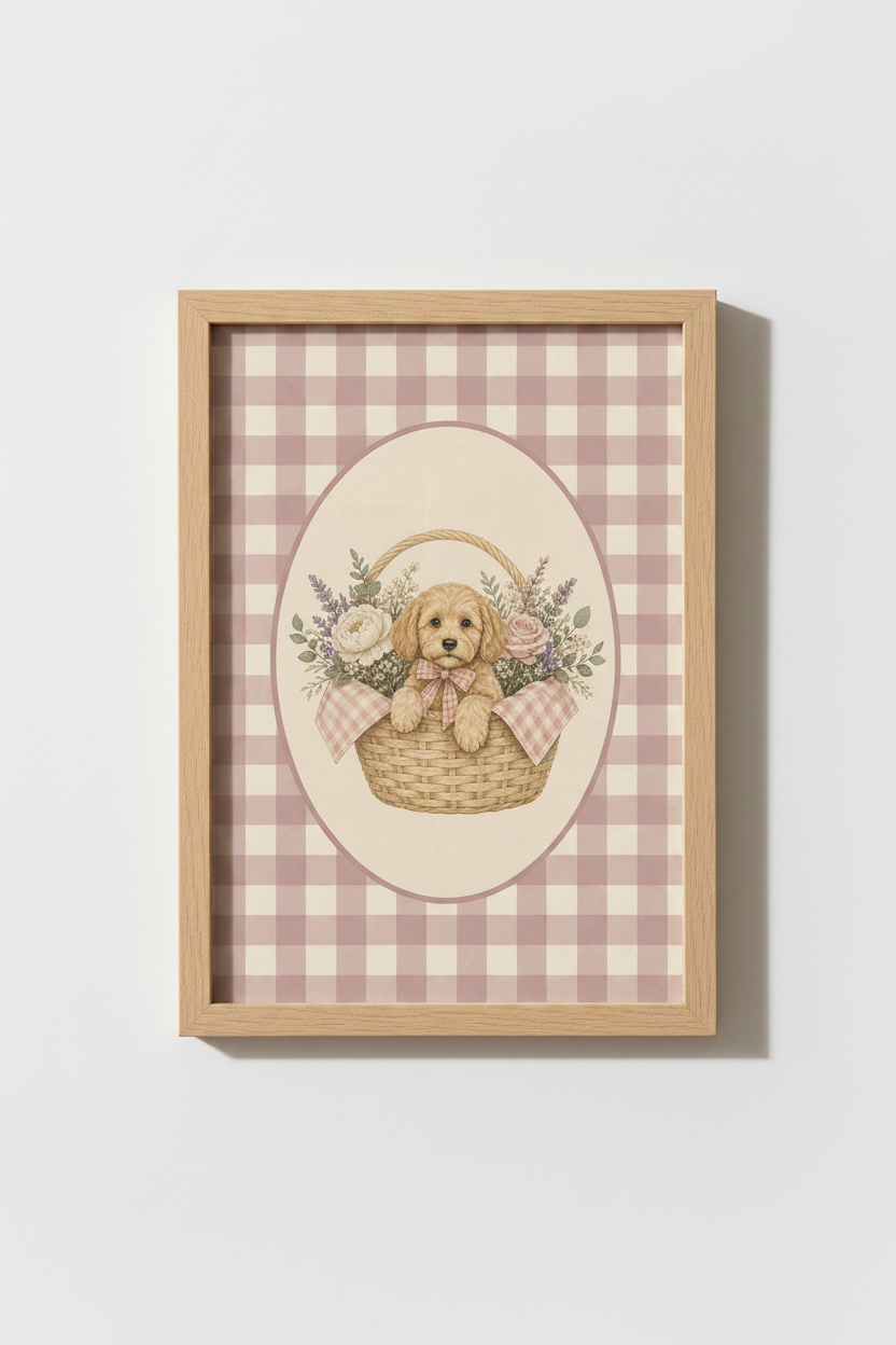 Coquette Puppy Art Print | Pink Gingham Floral Basket, Cottagecore Nursery Decor Poster