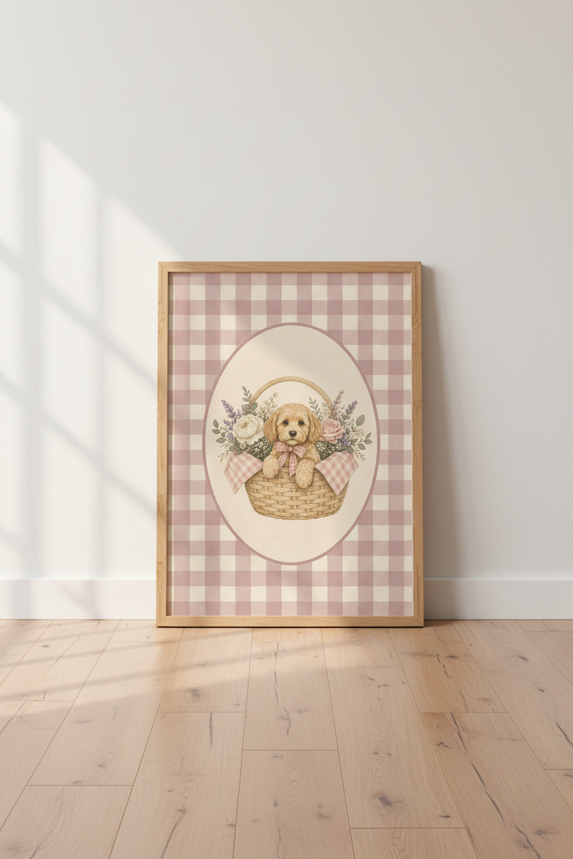 Coquette Puppy Art Print | Pink Gingham Floral Basket, Cottagecore Nursery Decor Poster