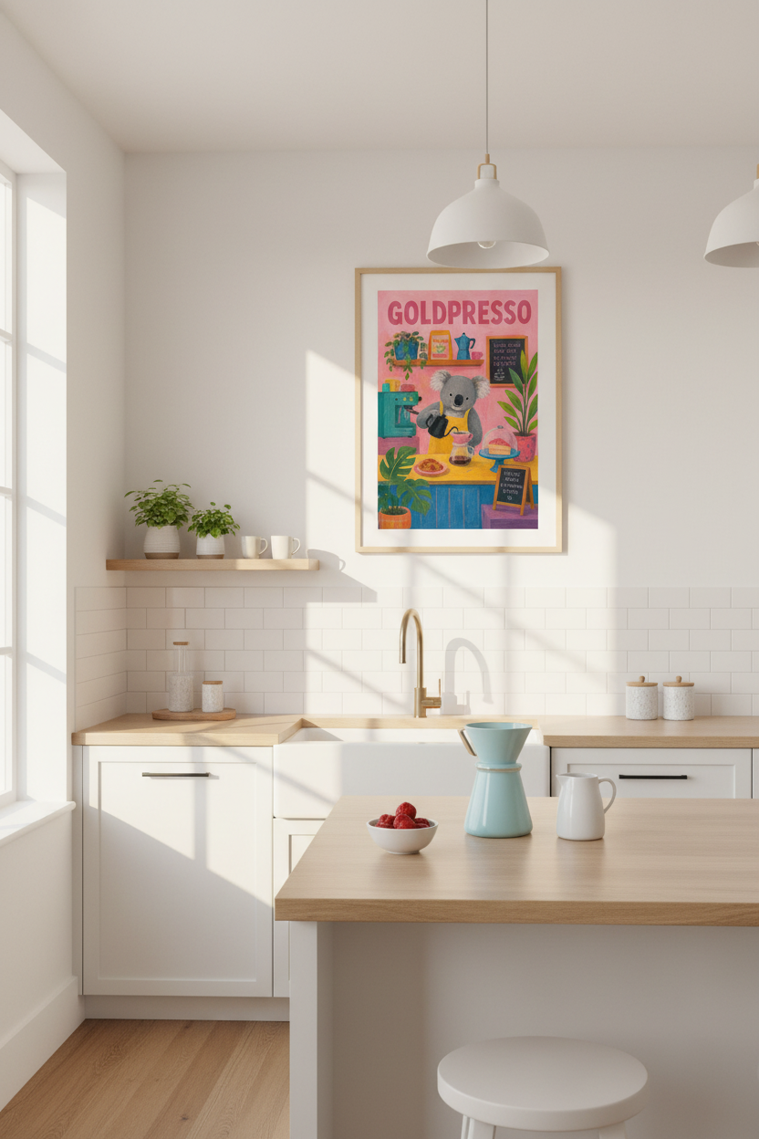 Koala Coffee Bar Art | Whimsical Pink Kitchen Decor | Animal Barista Poster