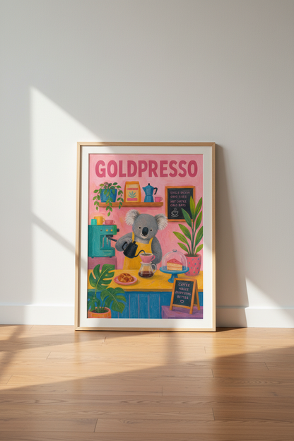 Koala Coffee Bar Art | Whimsical Pink Kitchen Decor | Animal Barista Poster