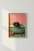 Black Labrador in Bathtub Art | Pink & Teal Dog Poster, Bathroom Wall Decor