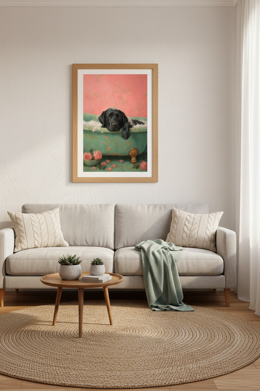 Black Labrador in Bathtub Art | Pink &amp; Teal Dog Poster, Bathroom Wall Decor