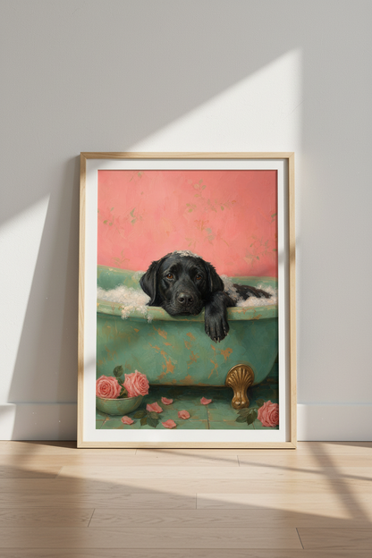 Black Labrador in Bathtub Art | Pink &amp; Teal Dog Poster, Bathroom Wall Decor
