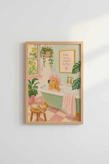 Dog in Bathtub Art | Whimsical Golden Retriever Poster, Funny Bathroom Decor