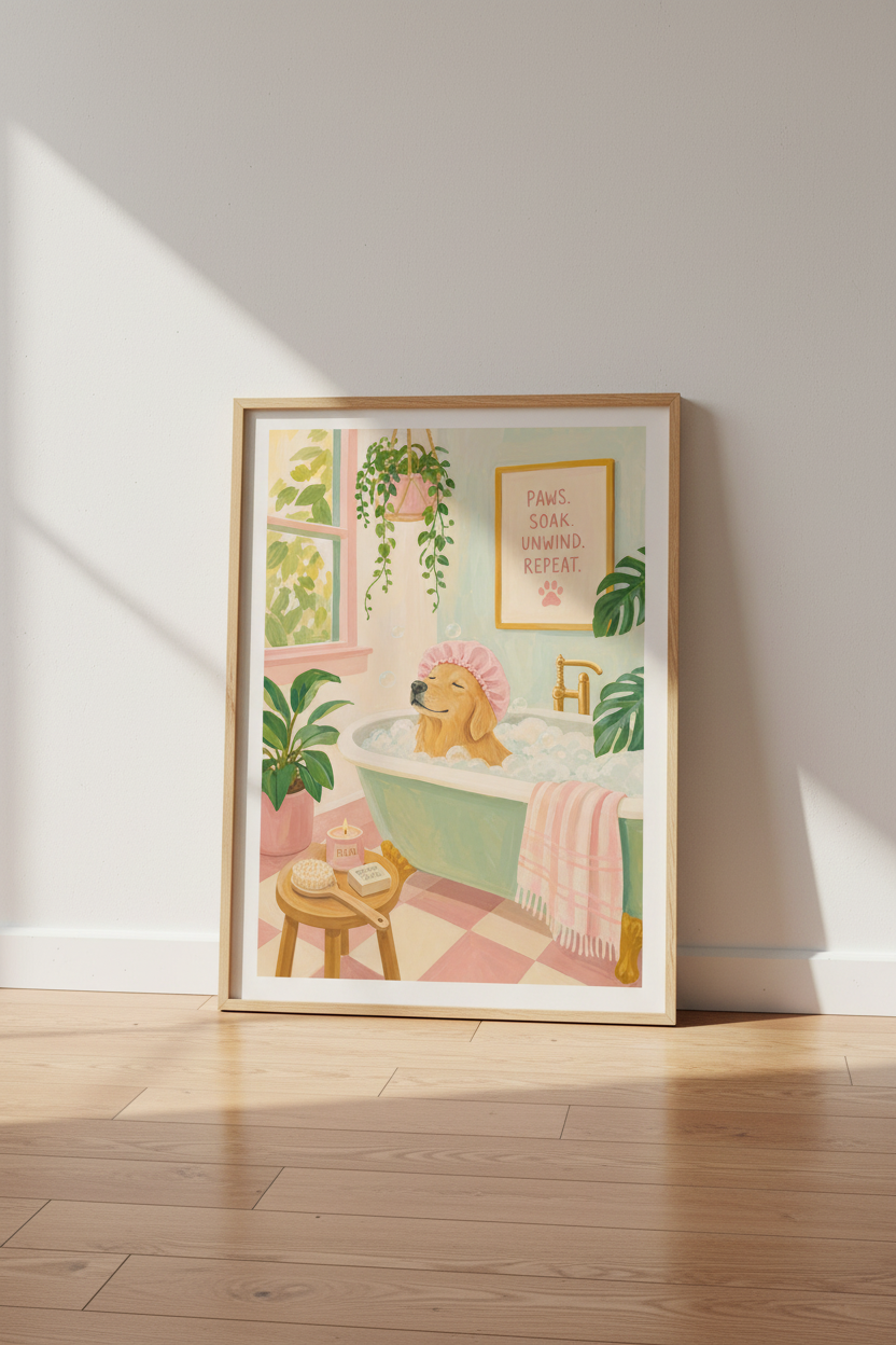 Dog in Bathtub Art | Whimsical Golden Retriever Poster, Funny Bathroom Decor
