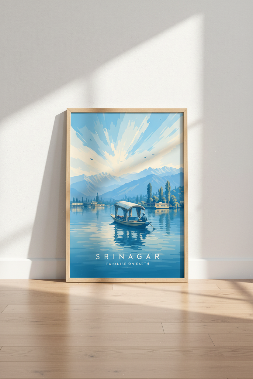Srinagar Kashmir Travel Poster | Blue Himalayan Landscape, Dal Lake Wall Art