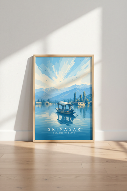 Srinagar Kashmir Travel Poster | Blue Himalayan Landscape, Dal Lake Wall Art
