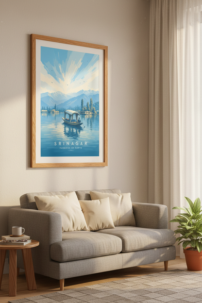 Srinagar Kashmir Travel Poster | Blue Himalayan Landscape, Dal Lake Wall Art