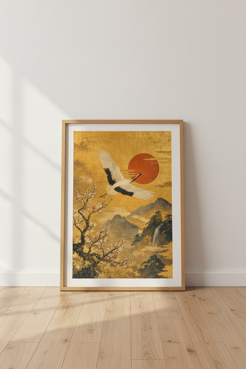 Japanese Crane Wall Art | Gold Landscape Nature Print, Zen Home Decor Poster
