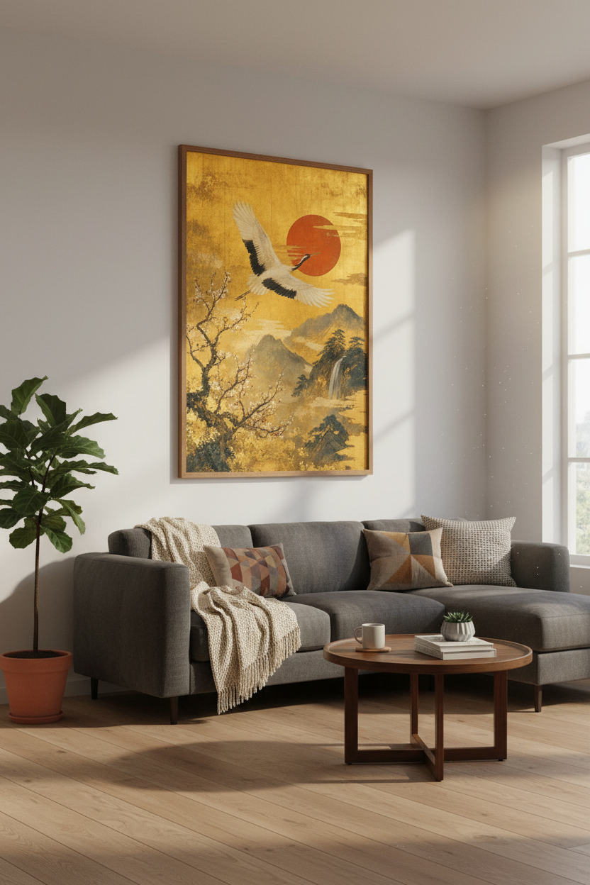 Japanese Crane Wall Art | Gold Landscape Nature Print, Zen Home Decor Poster