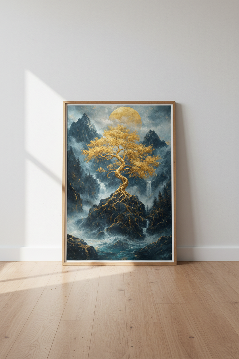 Golden Tree of Life | Mountain Landscape Poster, Navy &amp; Gold Living Room Decor