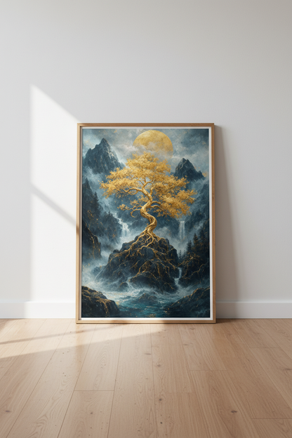 Golden Tree of Life | Mountain Landscape Poster, Navy &amp; Gold Living Room Decor
