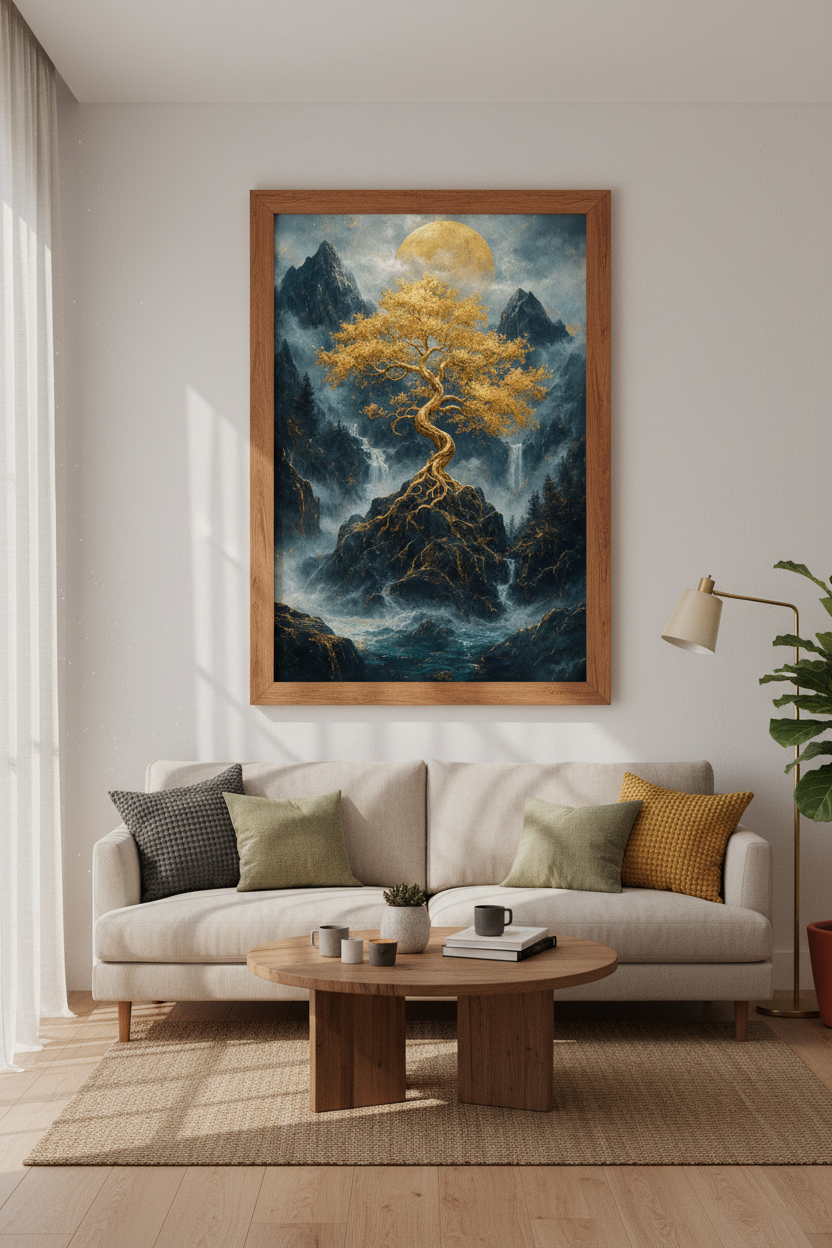 Golden Tree of Life | Mountain Landscape Poster, Navy &amp; Gold Living Room Decor