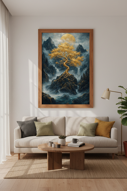 Golden Tree of Life | Mountain Landscape Poster, Navy &amp; Gold Living Room Decor