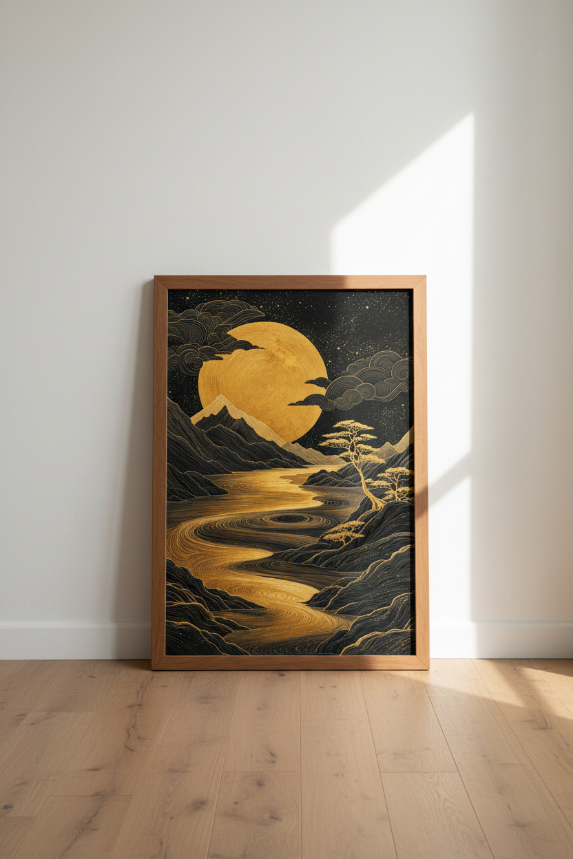 Gold Moon Landscape Wall Art | Black and Gold Japanese Style | Zen Home Decor Poster