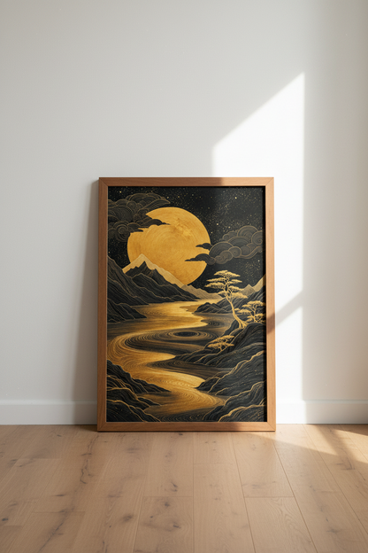 Gold Moon Landscape Wall Art | Black and Gold Japanese Style | Zen Home Decor Poster