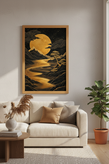 Gold Moon Landscape Wall Art | Black and Gold Japanese Style | Zen Home Decor Poster