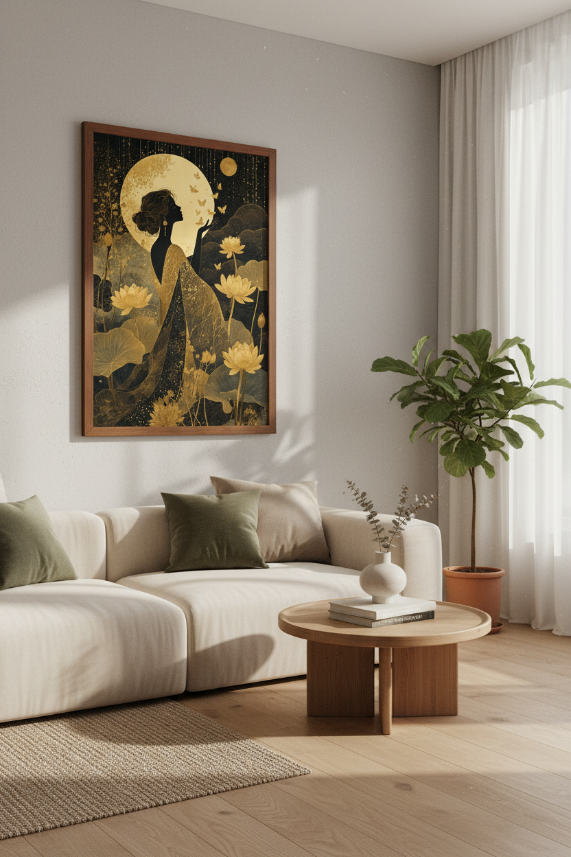 Gold Lotus &amp; Moon Goddess Wall Art | Celestial Black &amp; Gold Poster, Living Room Decor